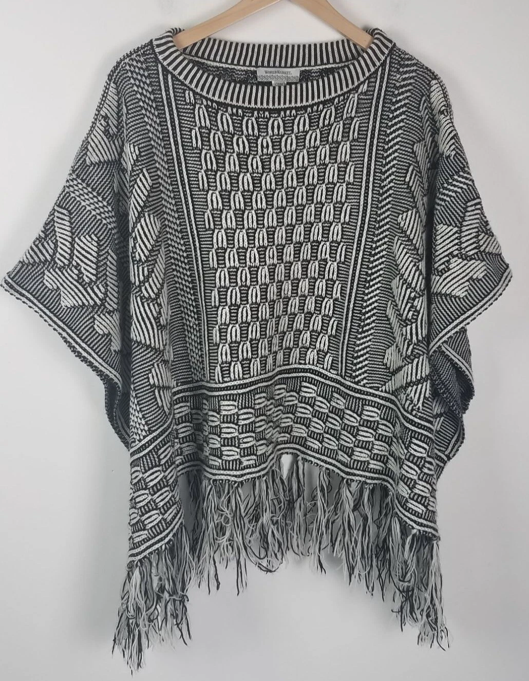 World Market Women's One Size Black & Ivory Woven Knit Fringe Poncho/Cape