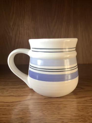 13 oz Hand Painted Pfaltzgraff RIO Coffee Mug  Blue & off White Stripes Lot Of 6
