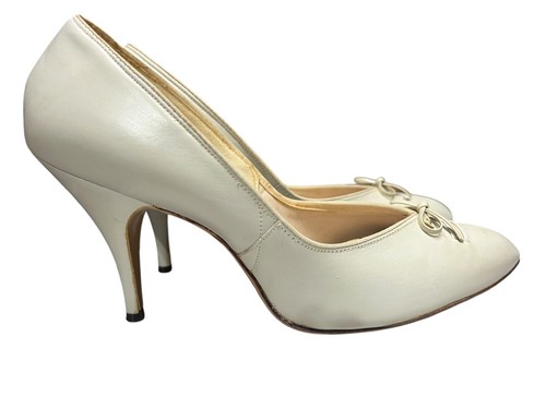 NOS Sz 7.5 B 50s Spike Heel Shoe Beige Stone Kerrybrooke Bow Accent 1950s 7 1/2 - Picture 3 of 8