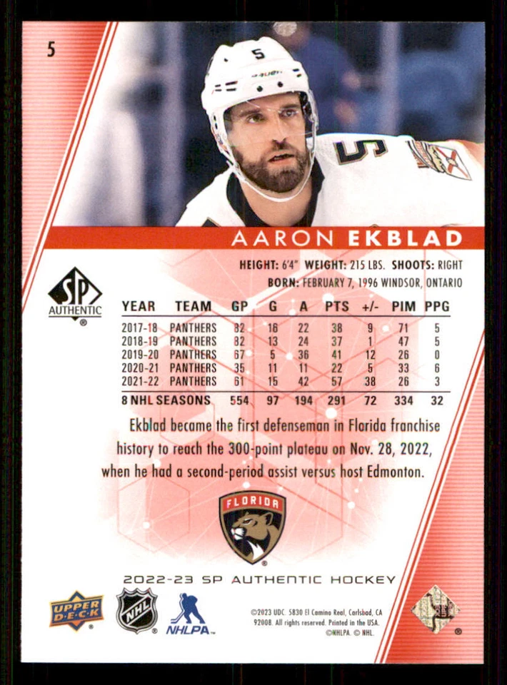 2022-23 SP Authentic Limited Red #5 Aaron Ekblad - Image 2 of 2