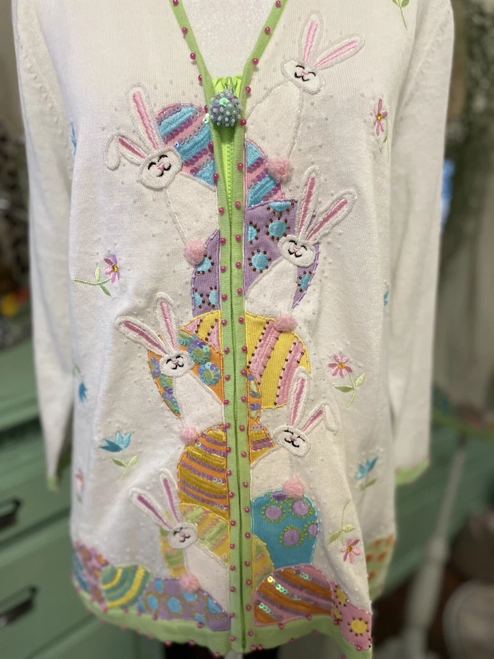 Suéter De Colección Jack B Bordado Rápido Lentejuelas Cuentas Cremallera Conejitos de Pascua Huevos M Foto 4 de 4