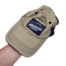 Busch Light Trucker Hat Adjustable Fit Tan & Navy 713 Headwear Hook Loop strap