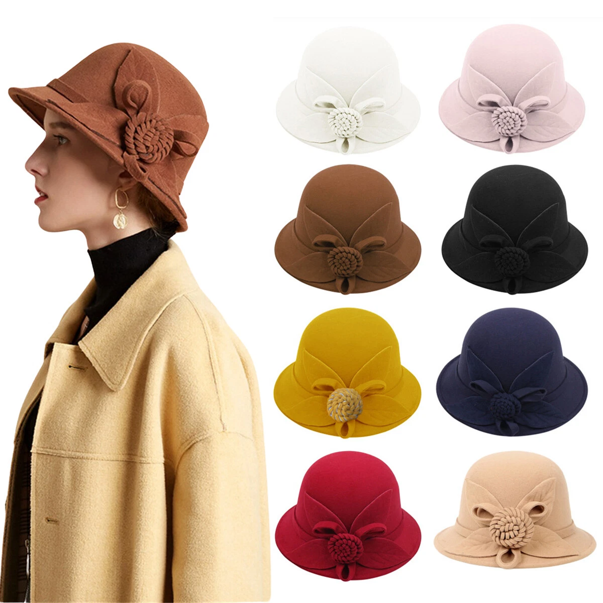 Women Vintage Wool Felt Bucket Cap Flower Ladies Winter Cloche Church Bowler Hat