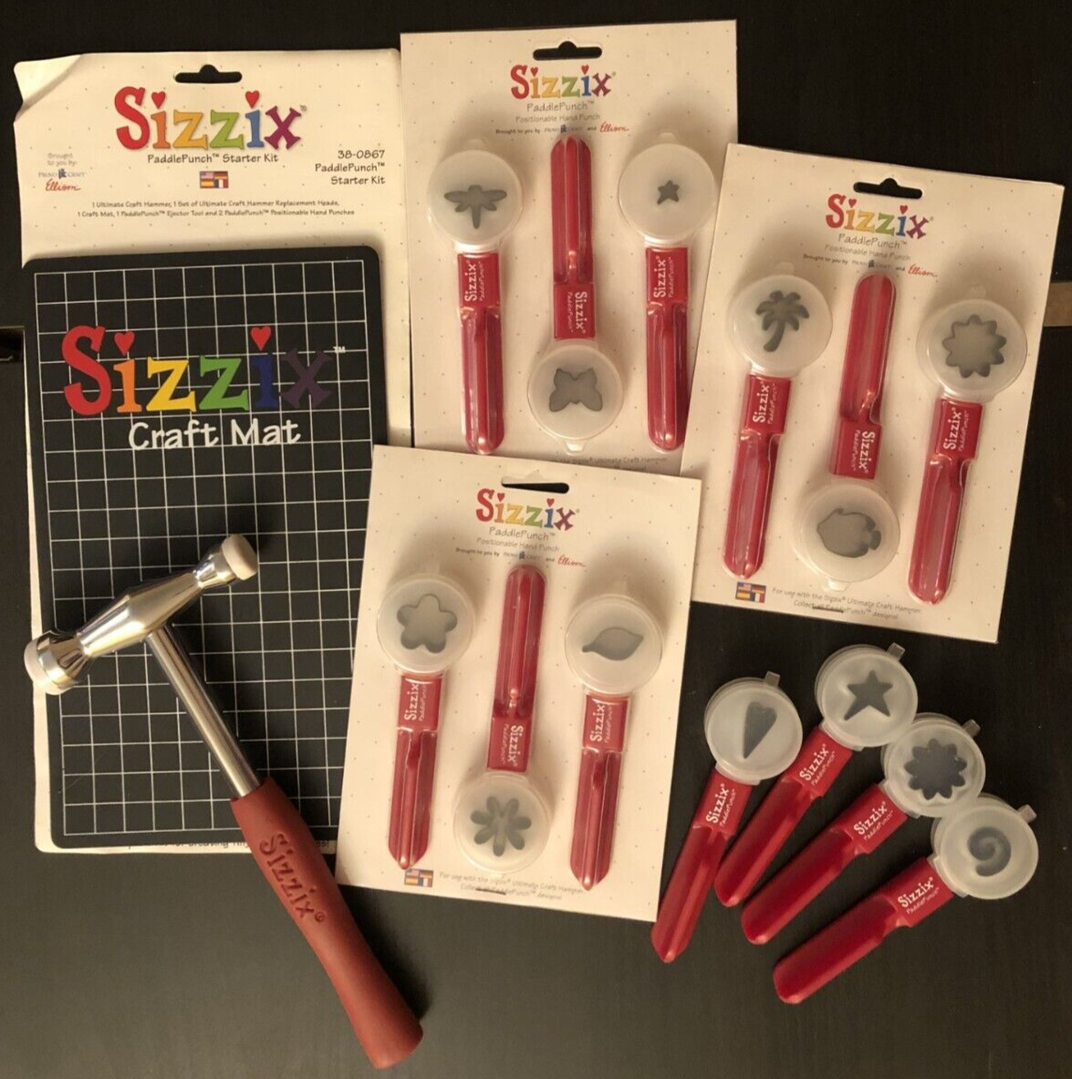 Sizzix PADDLE PUNCH SET Craft Hammer & Mat AND 13 Paddle Punches