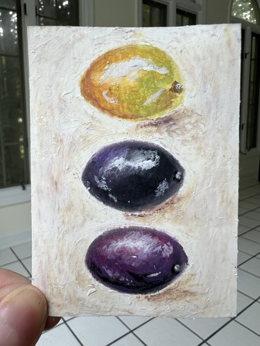 ACEO Original Oil Pastel Olive Series OOAK 2.5x3.5 Mini Painting Card