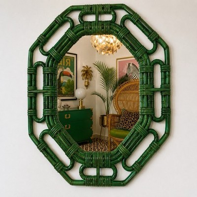 Vintage HOMCO Green Faux Bamboo Wall Mirror Hollywood Regency 17x14 USA 2144