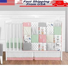 4 Piece Baby Crib Bedding Set Microfiber Woodland Deer Applique Diaper Stacker