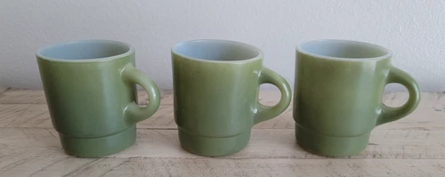 (LOT of 3) Vintage Fire King Avocado COFFEE MUGS Stackable Mid Century Modern