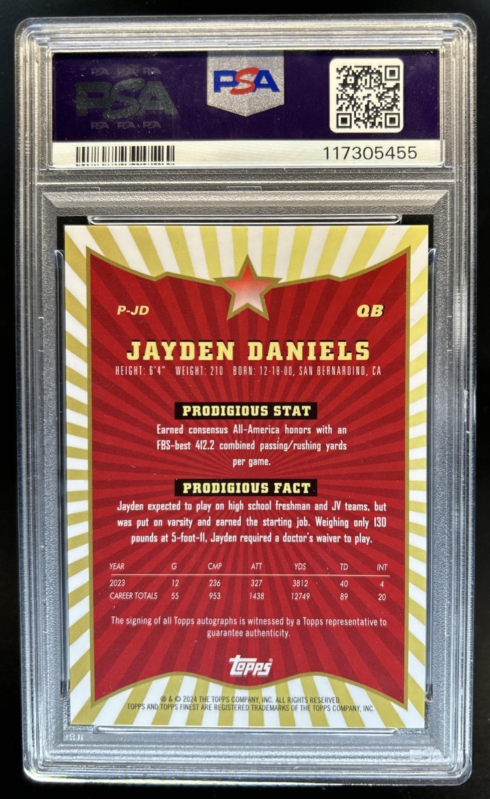 2024 Topps Finest Jayden Daniels Prodigies Auto RC Blue Geometric #/99 PSA 10 view 2