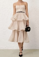 New ZIMMERMANN Polka Dot Ruched Layered Tiered Midi Skirt