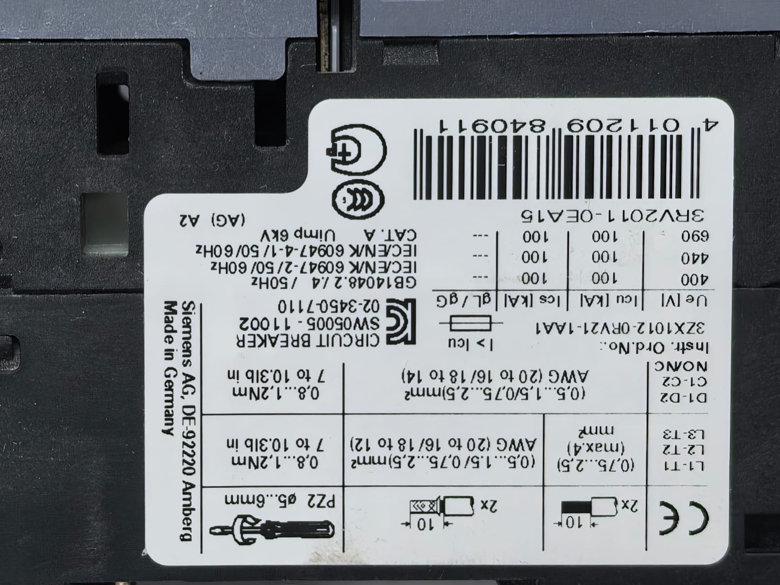 Siemens 3RV2011-0EA15 SIEMENS 3RV2011-0EA15 MOTOR PROTECTION CIRCUIT BREAKER 5