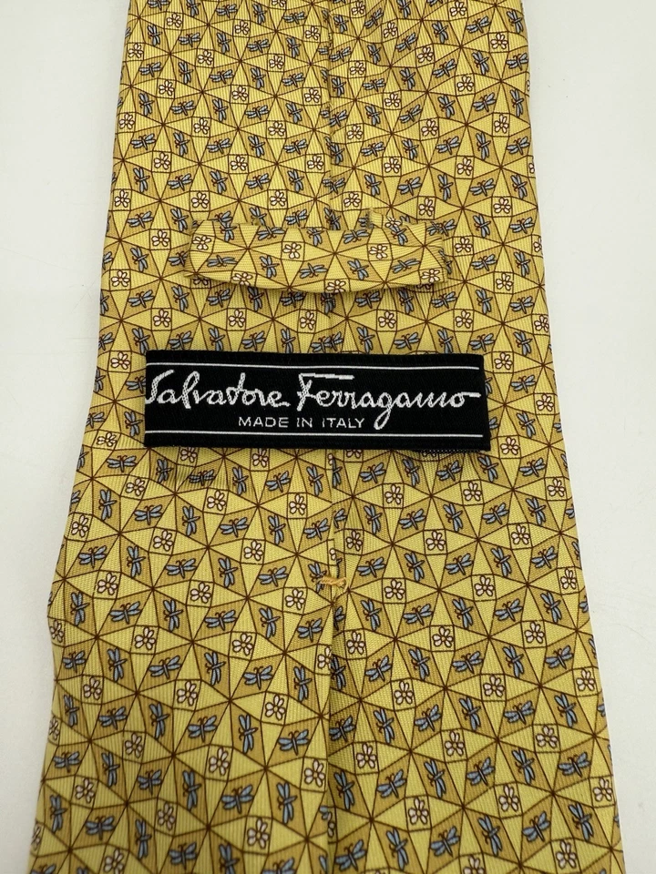 Gravata Salvatore Ferragamo masculina de seda feita na Itália autêntica floral libélula - Imagem 2 de 4