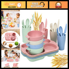 24 PCS Unbreakable Wheat Straw Kids Dinnerware Set - BPA-Free Plates, Bowls  Cu