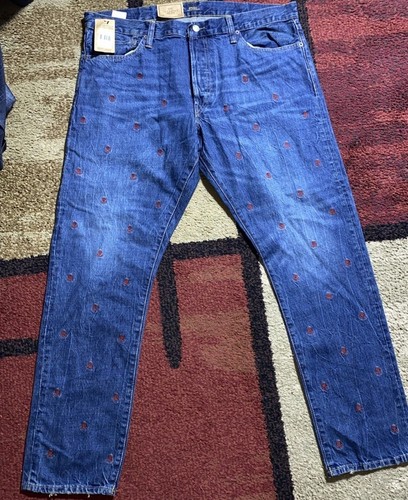 Polo Ralph Lauren Jeans Mens 38x30 Blue Sullivan Slim All Over Skull Cross Bone - Picture 1 of 18