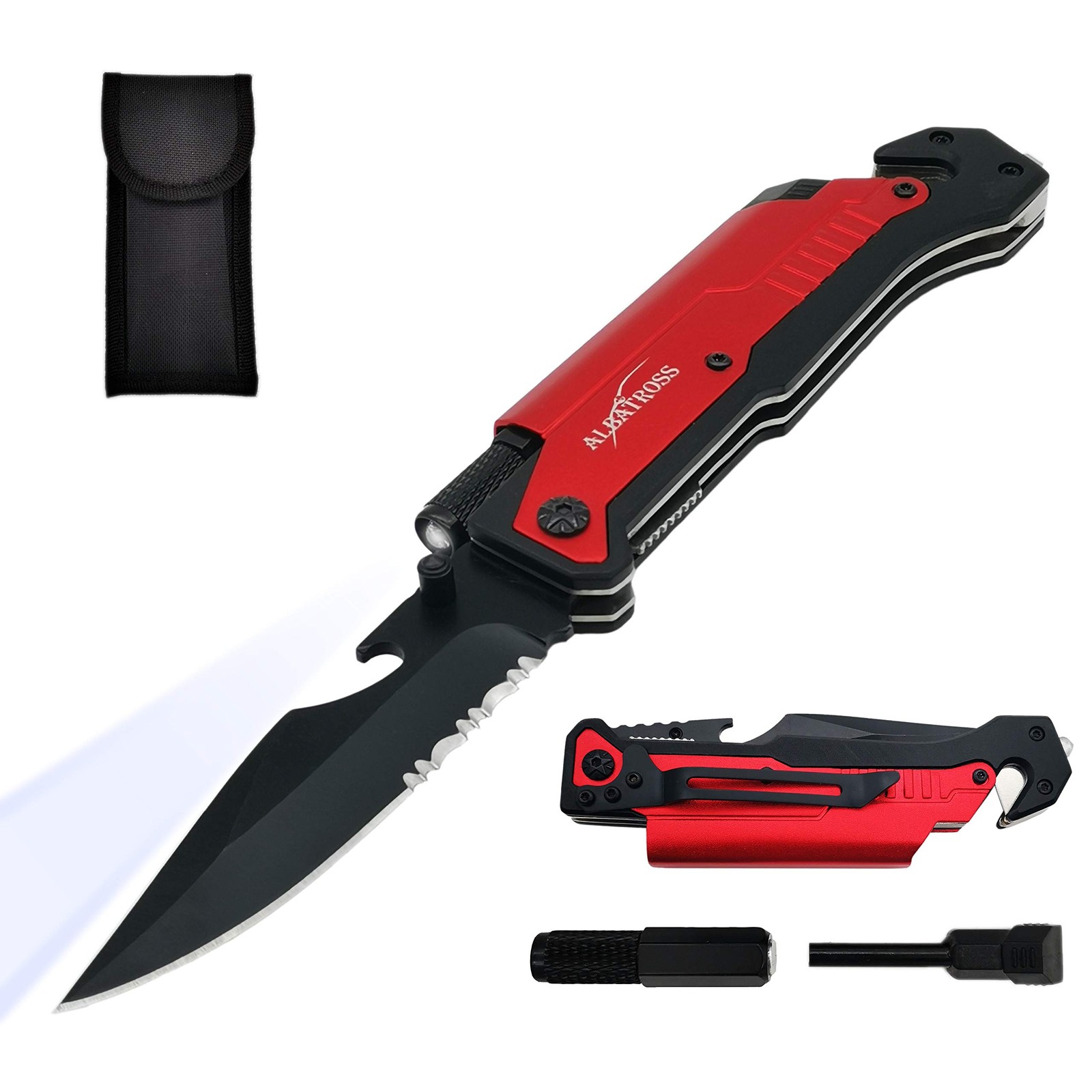 6-in-1 Survival Tactical Military Folding Pocket Knives with LED Light,Rope C...