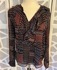 Tommy Hilfiger Women’s Colorful Geometric V-Neck Tie Neck Long Sleeve Blouse M