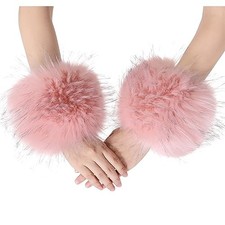Women's Faux Fur Wrist Cuffs Winter Fox Furry Wristbands Fluffy Pink With Tips