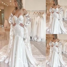 Elegant Mermaid Wedding Dresses Lace Applique Detachable Long Sleeves BridalGown