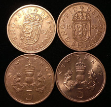 Great Britain, 4 x Shilling/5 New Pence, Coins. (1957, 1962, UNC 1968 & 1970).