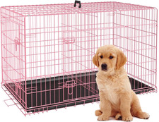 24" Foldable Metal Dog Crate Small Dogs Double Door Divider Pink Tray