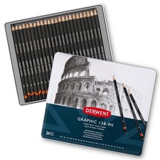 Image of Derwent Graphic 24 Tin Set Graphite Drawing Sketching Pencils 13B-9H