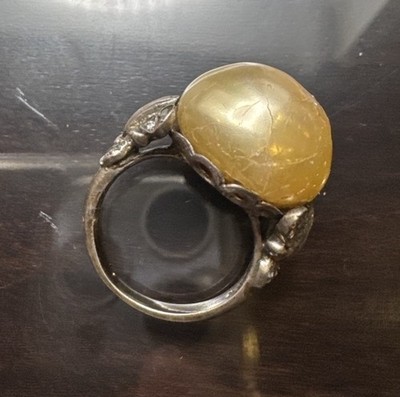 Vintage Ciner Sterling Silver Yellow Cabochon Statement Ring Art Deco