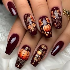 Fall Dark Red Press on Nails Medium Coffin Fake with Pumpkin Multicolor