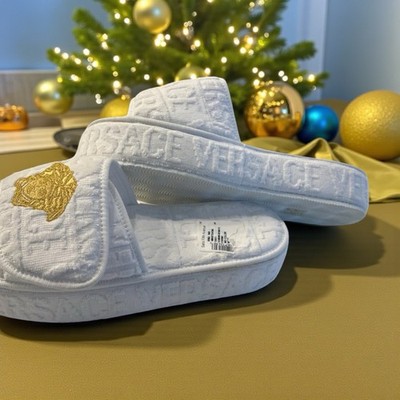 $475 White Versace Medusa Head Fabric platform slippers Size 45