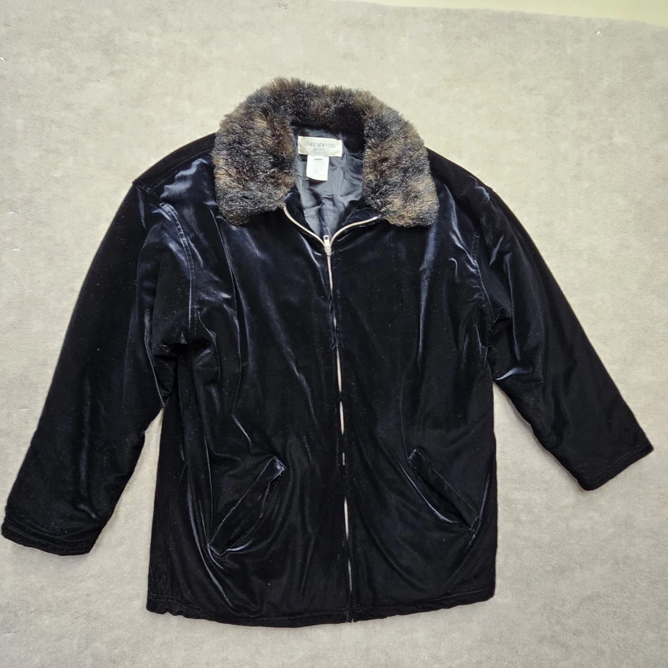 Jaqueta Casaco Vintage Jones New York Gola de Pele Veludo Preto Zíper Completo Tamanho Grande - Imagem 3 de 4