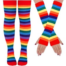 Striped Thigh High Socks and Arm Warmers Set, Fingerless Gloves One Size Red