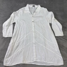 Match Point Shirt Womens L White Button Front 100% Linen Long Sleeve Tunic Top