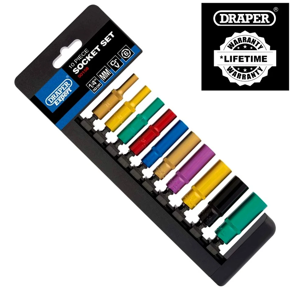 1/4" Deep Socket Set 10pc Metric Coloured Chrome Vanadium + Rail Draper 50158 - Image 4 of 4