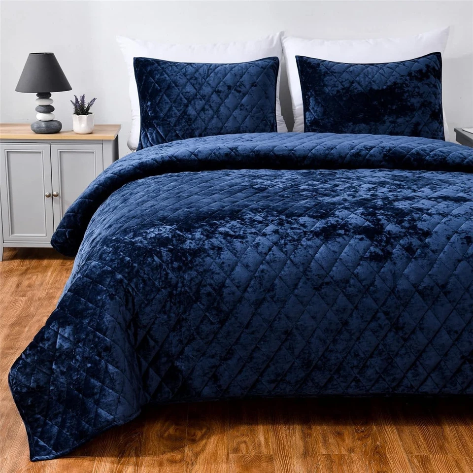 Navy King Quilt Set, 3-Piece Distressed Velvet & Microfiber - Image 4 of 4