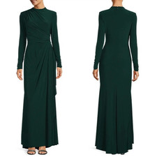 NEW BETSY ADAM Forest GREEN Jersey RUFFLE Long Sleeve RUCHED Sheath GOWN 6