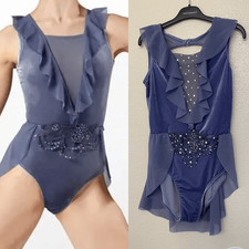 WEISSMAN solo Dance Costume Ruffled blue Velvet Leotard dress V12278 MA adult