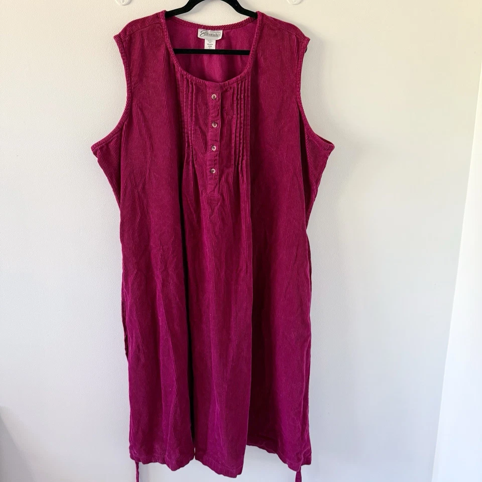 Vtg Easy Essentials Plus Size 4x Tie Back Red Raspberry Corduroy Dress Pockets - Image 2 of 4