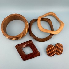 Vintage Wood Jewelry Lot Bangle Bracelet Brooch Earrings Teak Inlay Boho 1970s