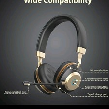 Earbay Bluetooth V5.3 Headset Double Ear-Cup Noise Canceling Boom Mic Black Gold