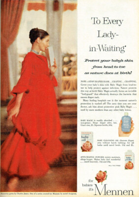 Mennen Pregnant Lady in Waiting Red Charles James Maternity Gown 1957 Print Ad 