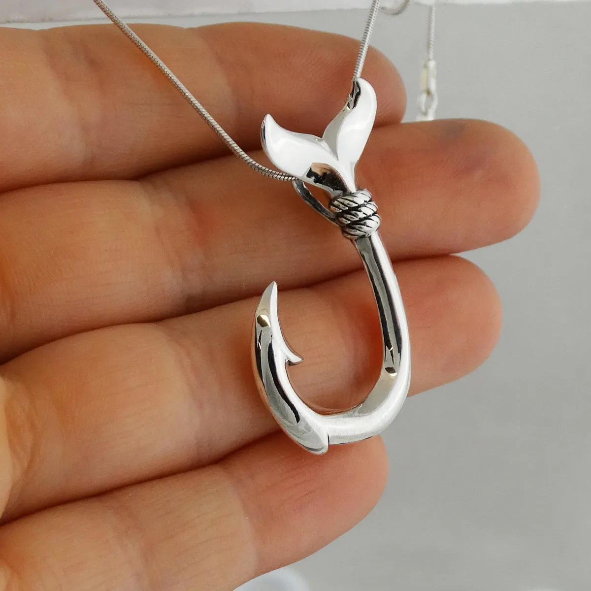 Whale Tail Hawaiian Fish Hook Necklace - 925 Sterling Silver-Pendant  Fishing SN