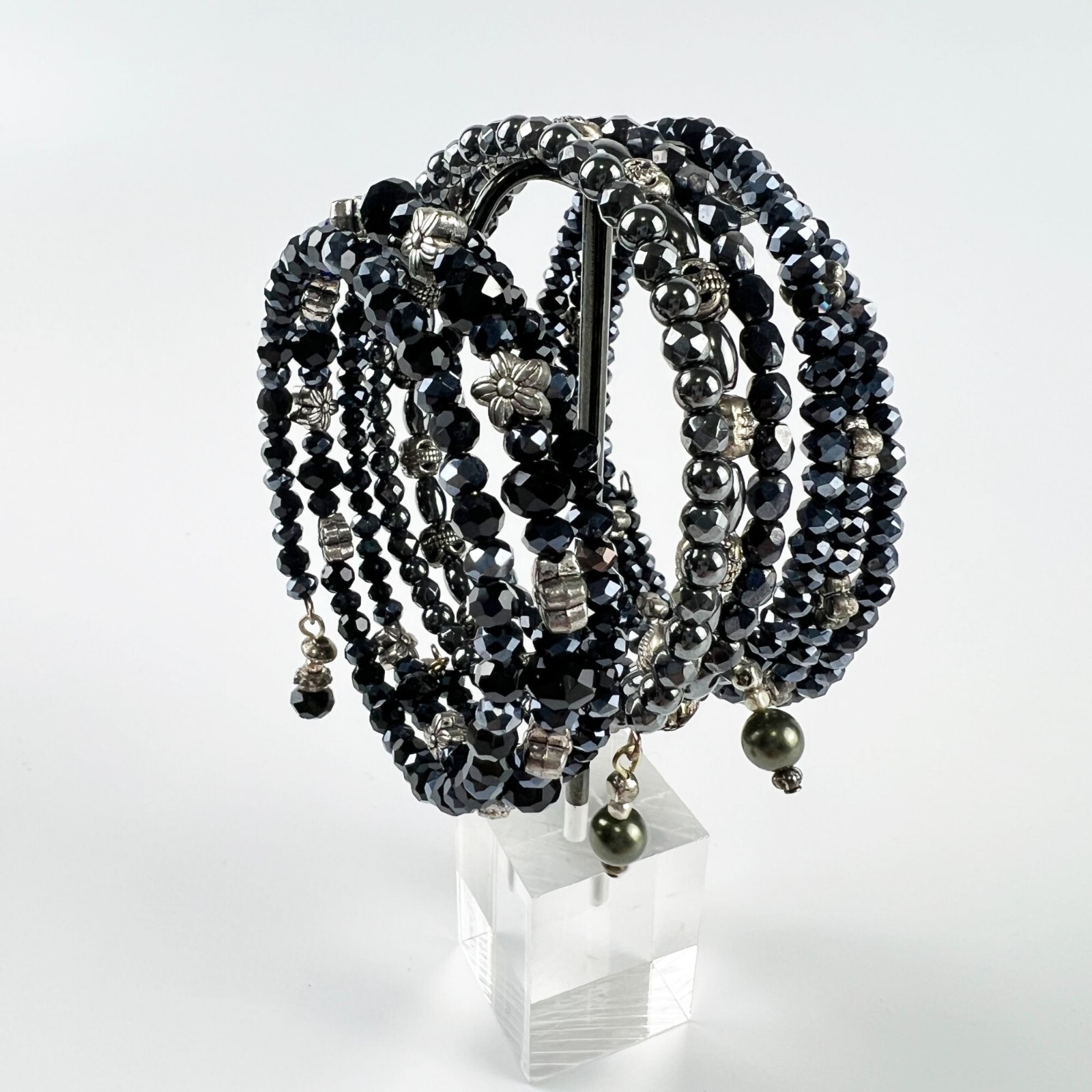 Beaded Black Silver Memory Wire Bangle Bracelets … - image 3