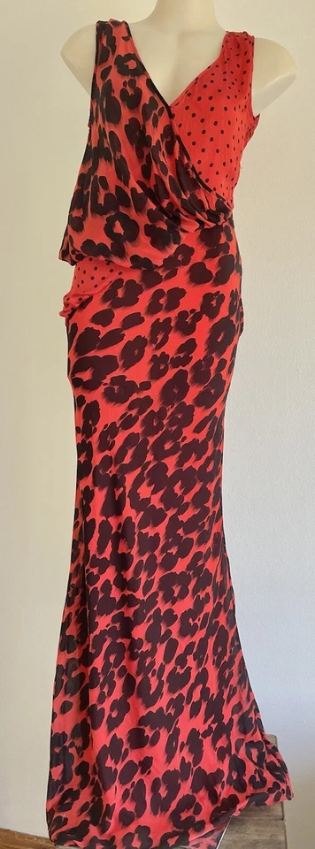 Maxi Vestido Largo Barato y Chic MOSCHINO Gala Cóctel Rojo Estampado Leopardo IT40-AU8 Foto 4 de 4