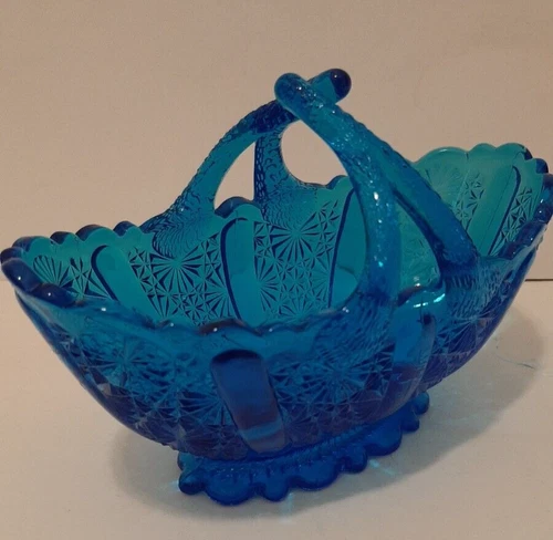 Vintage Fenton Colonial Blue Glass Split Twig Handle Daisy Button Oval Basket