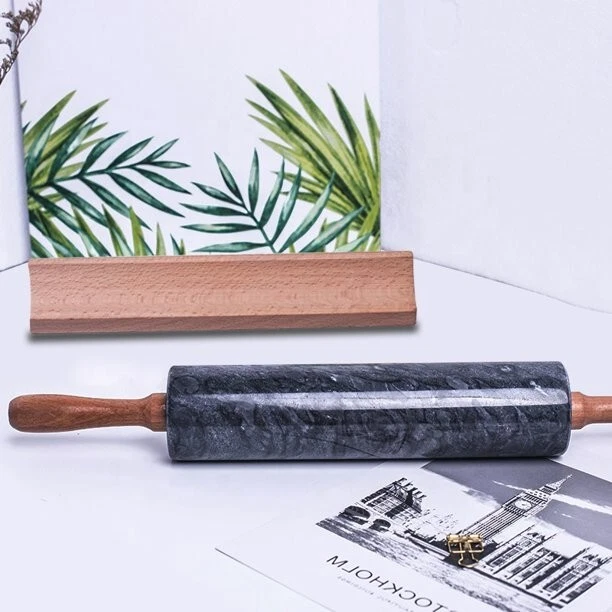 10-Inch Barrel Marble Rolling Pin with Wooden Cradle, Black - Image 3 of 4