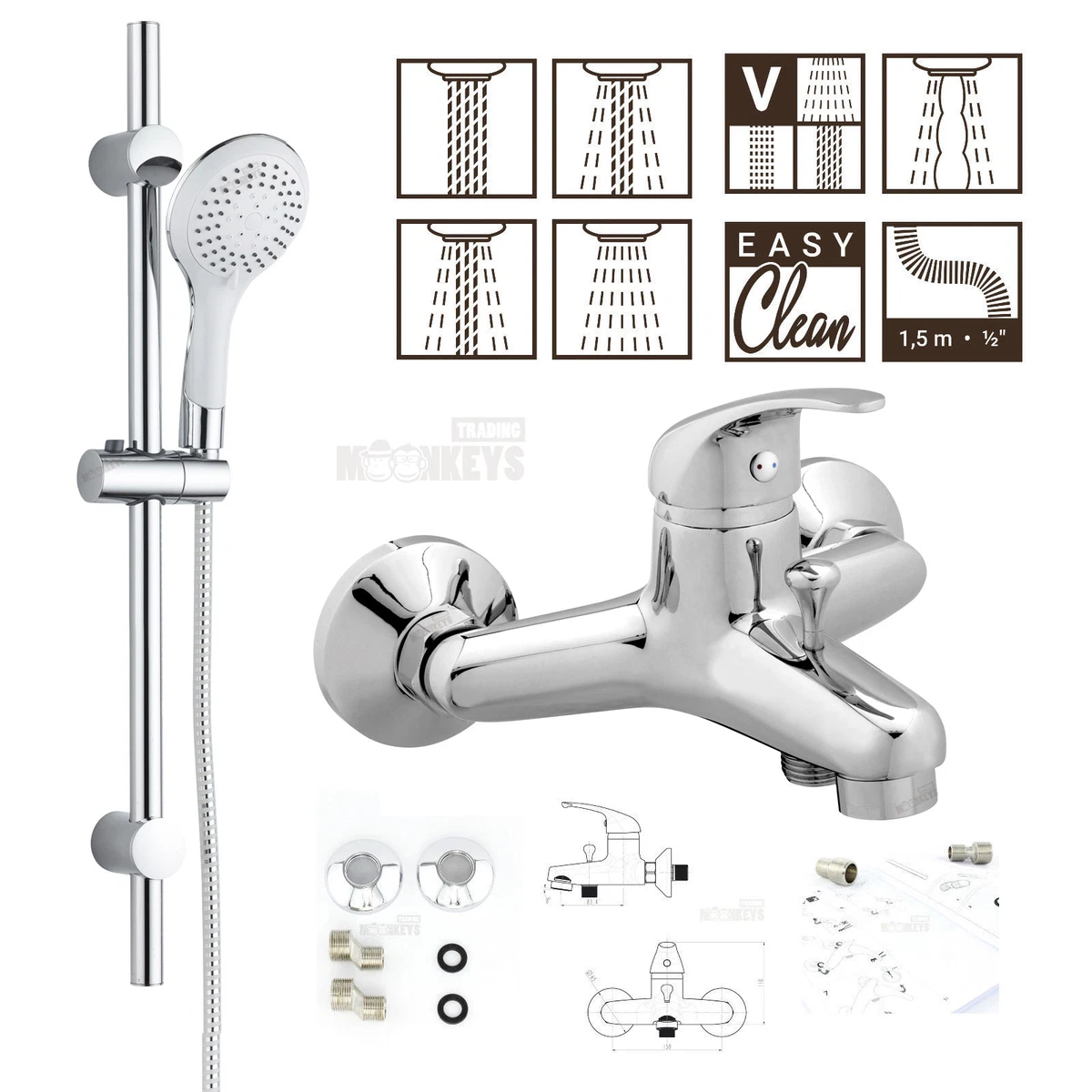 Thermostat-Duscharmatur Set – Mit Verbrühungsschutz, Höhenverstellbarer Stange, Handbrause & 200 Mm Regendusche, Chrom