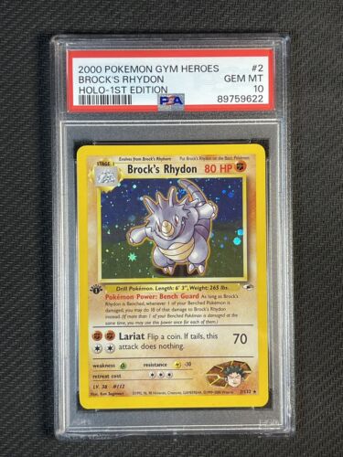 Pokemon Card PSA 10 Brock’s Rhydon 1st Edition Gym Heroes Holo 2000 WotC #2 - Picture 1 of 2