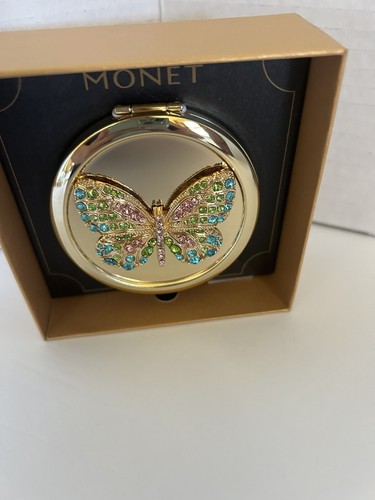 Monet Butterfly Jeweled Mirror Compact Case Gold Tone Blue Green Pink Stones NEW - Picture 2 of 3
