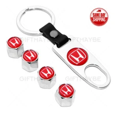 Chrome Car Wheel Tire Valves Dust Stems Air Caps Keychain Ring With Red H Emblem