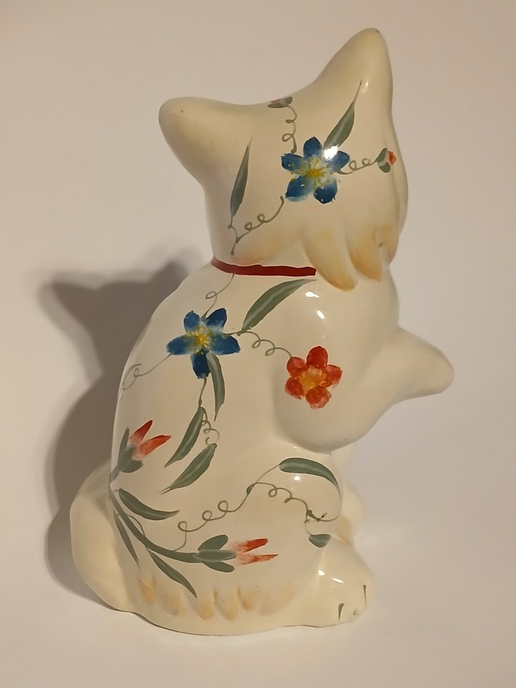 Vintage Floral Hand Painted Porcelain Lucky Cat Tru Ever  Sticker Paw Up Lucky