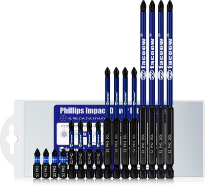 16 Pack #2 Phillips Impact Driver Bits, 1''-6'' Magnetic S2 Steel, 1/4'' Hex Shank